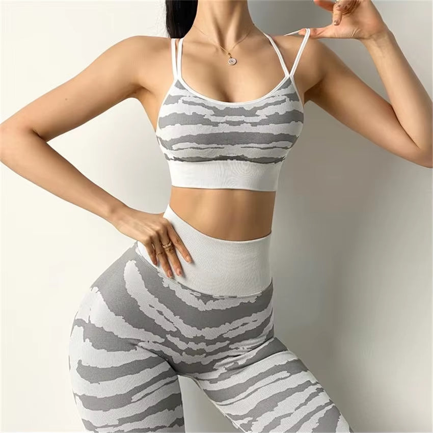 QK 1/2PCS Pad Tiger Ensemble Women Sport Bra Yoga Set Workout Gym Legging Running High Waist Scrunch Pant Fitness Active Suits