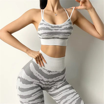 QK 1/2PCS Pad Tiger Ensemble Women Sport Bra Yoga Set Workout Gym Legging Running High Waist Scrunch Pant Fitness Active Suits