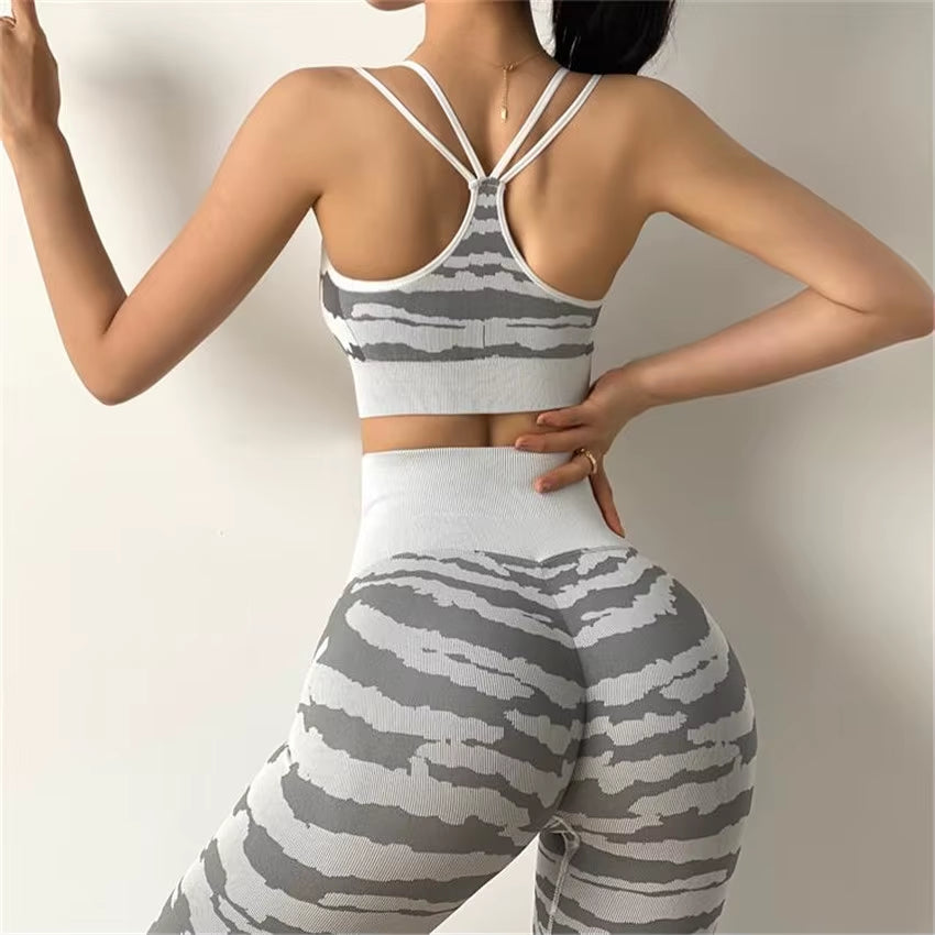 QK 1/2PCS Pad Tiger Ensemble Women Sport Bra Yoga Set Workout Gym Legging Running High Waist Scrunch Pant Fitness Active Suits